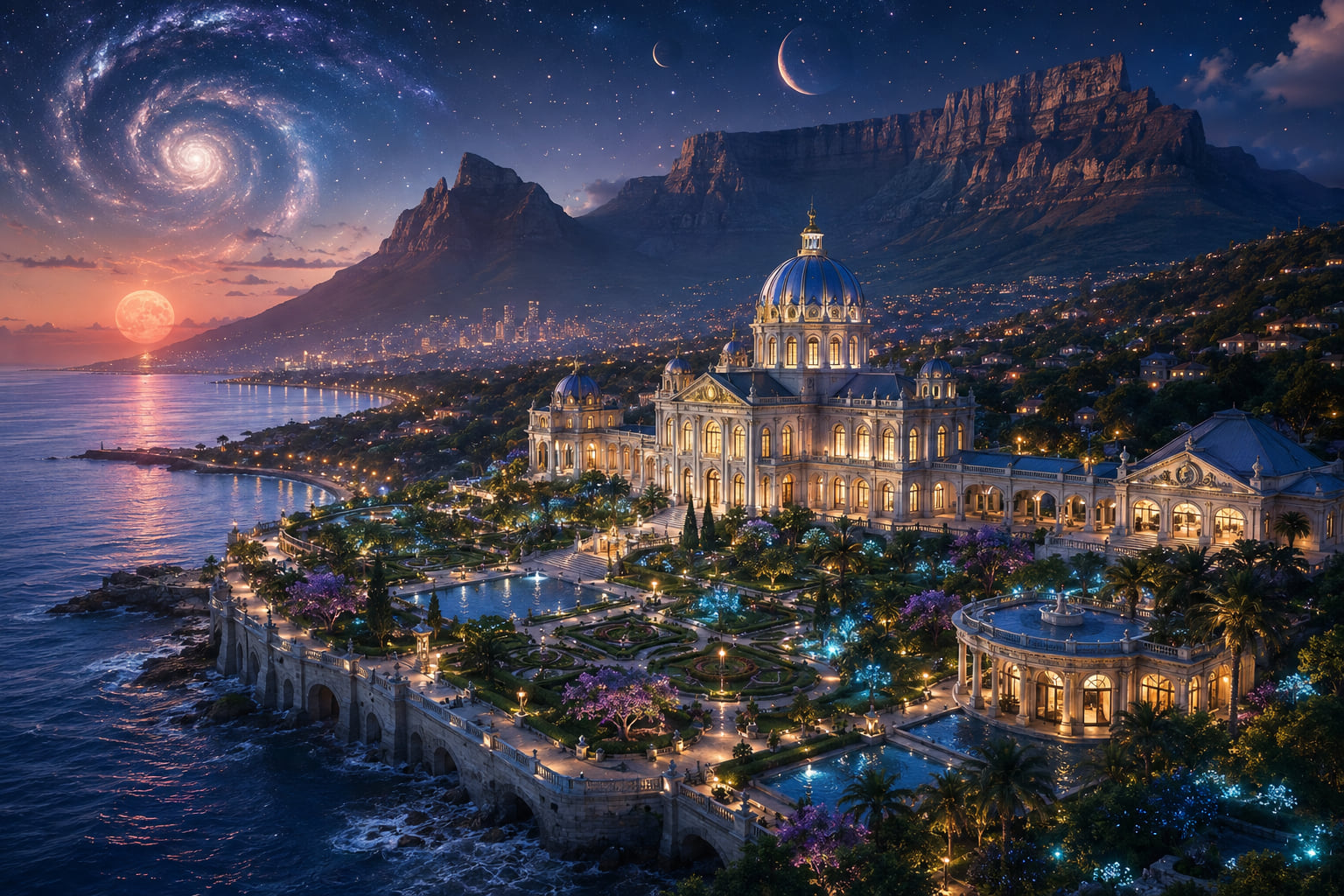 A luminous imagined city beside an ocean beneath a sky of galaxies